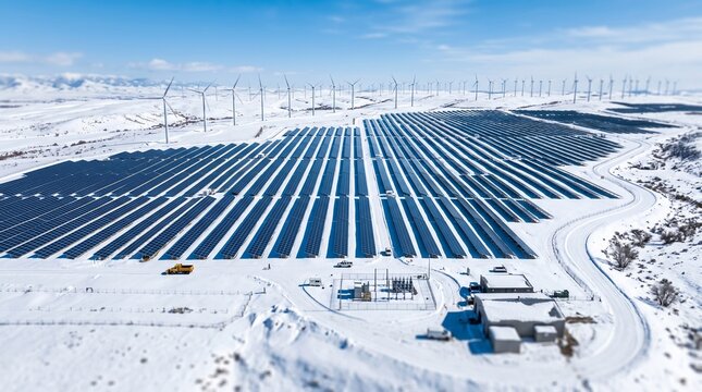Tilt shift view of snowy winter solar power plant and wind turbines with copy space for seasonal energy.