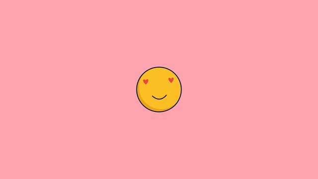 Yellow smiley face emoji with red heart eyes displays a cheerful expression in this vibrant digital motion animation video clip