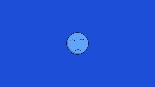 Sad crying emoji character with flowing blue teardrops displayed in this minimalist digital animation motion graphic design video clip