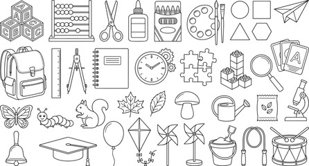 Fototapeta premium Educational and Childhood Activity Outline Icon Collection Featuring School Supplies, Learning Tools, Toys, Nature, Games, and Creative Objects