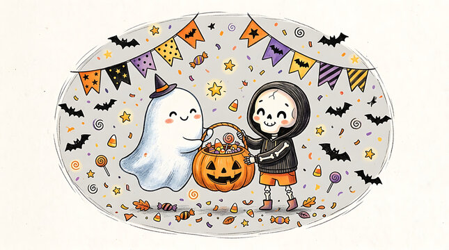Adorable halloween character illustration of ghost and skeleton with candy