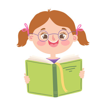 Cute smiling girl with glasses reading a green book. Flat vector illustration isolated on white background.