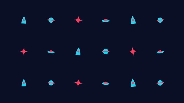 Minimalist celestial icons featuring planets and stars moving in a repeating pattern across this seamless digital motion animation video clip