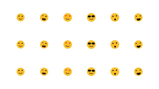 Multiple yellow emojis display various facial expressions in a repeating digital motion graphic sequence with vibrant colors and clean lines