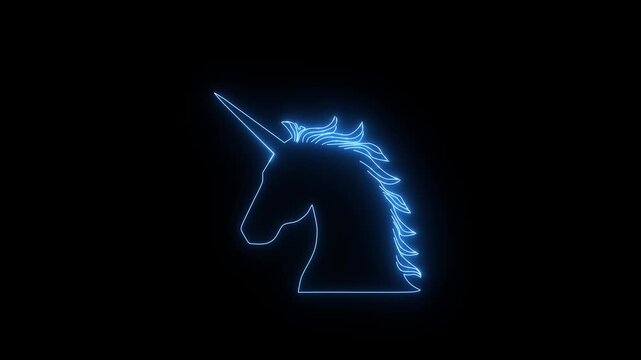 Glowing outline of a magical unicorn with pointed horn on a dark background, perfect for mythical creatures or fairytale themed designs.4k video.