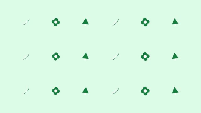Minimalist green floral and triangular geometric shapes repeat in a rhythmic pattern for this modern digital motion animation video clip