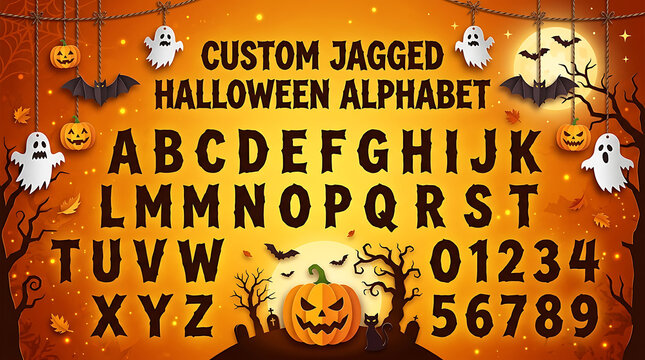 Custom jagged halloween alphabet with spooky ghost and pumpkin decorations