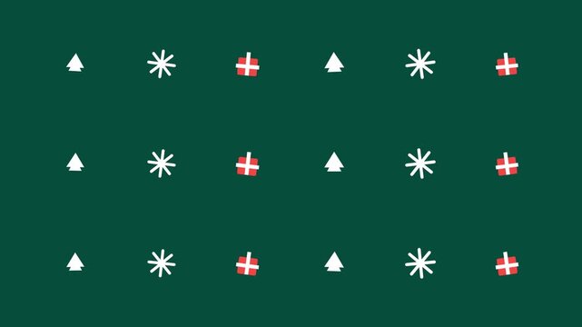 Minimalist christmas icons including white trees and red gifts float across this simple green animated video motion graphics clip loop.