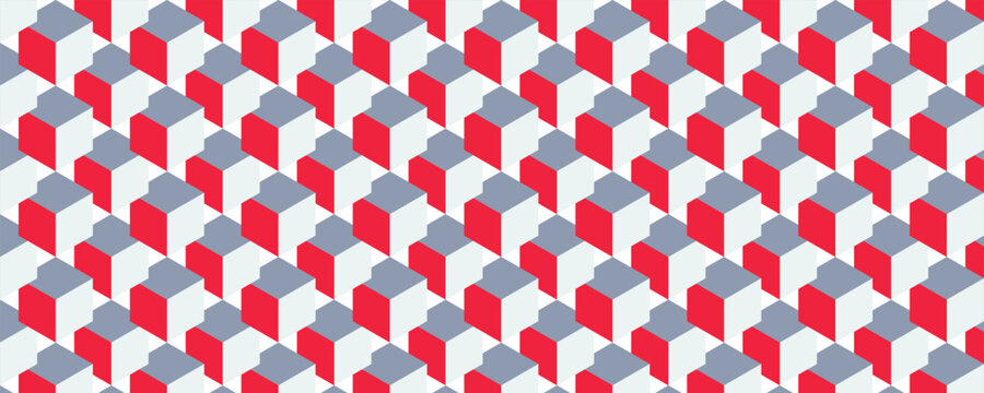 Completely seamless, abstract cube pattern. Trendy red and gray and white geometric 3d vector wallpaper, cube pattern background.