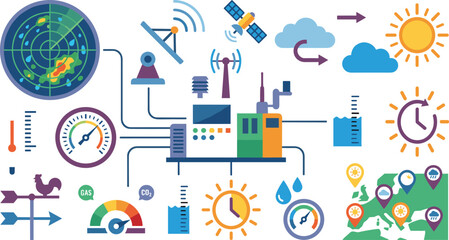 Obraz premium Weather Monitoring and Meteorology Dashboard Icons Vector Set with Climate Forecast Sensors Radar and Environmental Data Elements