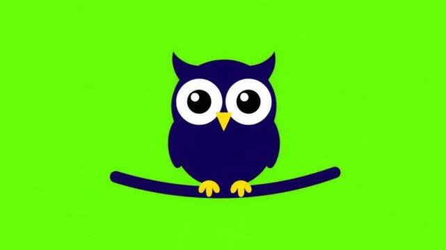 Cute Vector Owl Blinking and Rotating Head on Green Screen Chroma Key