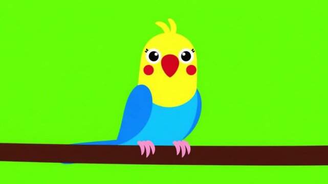 Cute 2D Vector Curious Parakeet Tilting Head on Branch Green Screen Animation
