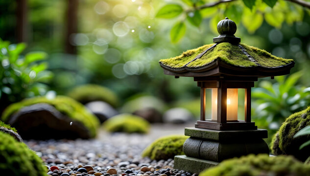 traditional japanese stone lantern toro covered with green moss in garden