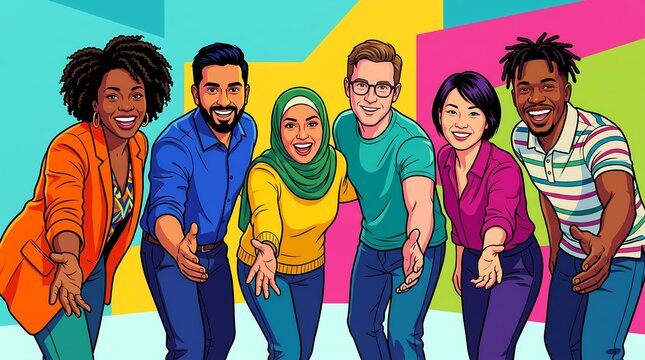 Diversity Group Reaching Out with Welcoming Hands for Partnership in Colorful Pop Art Style