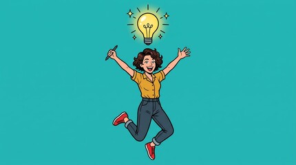 Obraz premium Creativity Concept Featuring a Cheerful Female Illustrator Jumping with a Glowing Bright Idea Bulb