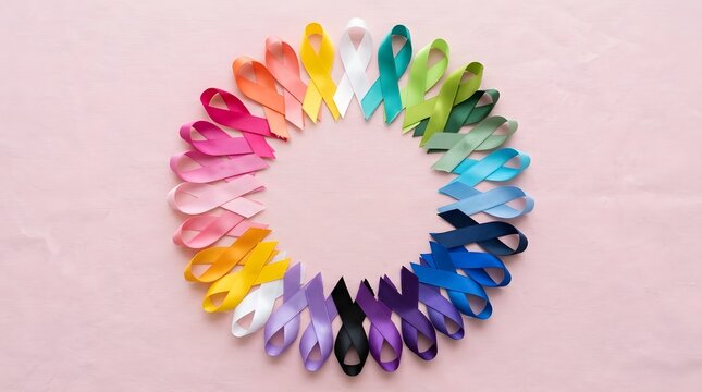 Colorful awareness ribbons in a circle on a pink background representing support and unity