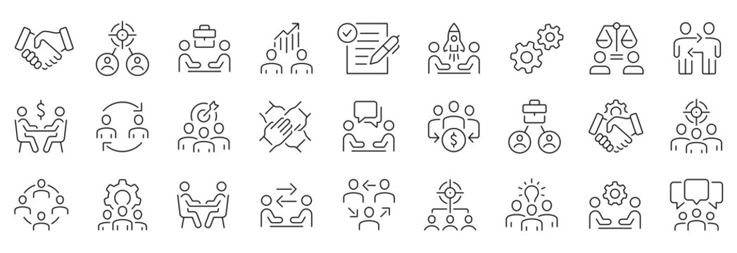 Partnership thin line icons set. Editable stroke. Vector