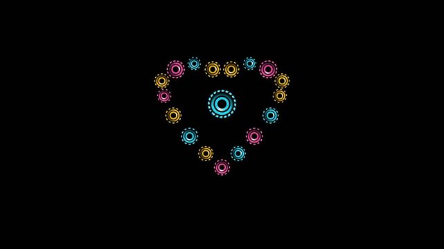 Heart shape composed of vibrant glowing mechanical gears rotating in a seamless digital motion video clip for modern tech presentations