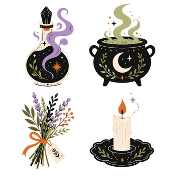 Witchcraft Halloween Potion Cauldron Herb Bouquet and Candle Icon Set