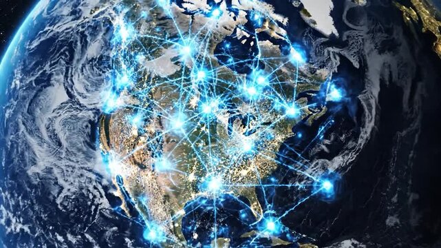Global digital network connecting planet Earth in outer space