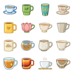 Obraz premium Assorted ceramic coffee mugs and tea cups with various colorful patterns and handles.