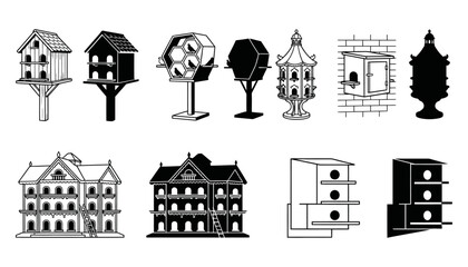 Fototapeta premium Wooden Pigeon House Designs for Backyard Loft, Bird Breeding and Homestead Farming Vector Icon Set