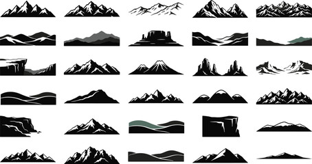 Set of black mountain range silhouettes for landscape design and geography with mountain landscape silhouette geography adventure climbing collection elements environment © Golzar