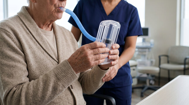 Elderly male patient using incentive spirometer near nurse in scrubs