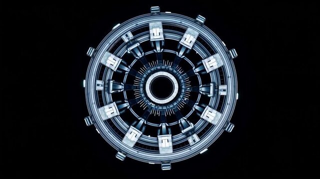 A futuristic sci-fi space portal or starship hatch opening in deep space, high-tech metallic mechanical structure with glowing lights, cinematic 3D animation
