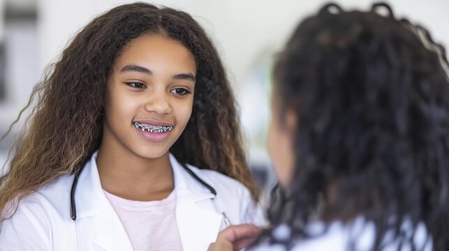 Young girl with blue braces smiling during a consultation with a dental professional in a bright medical clinic setting