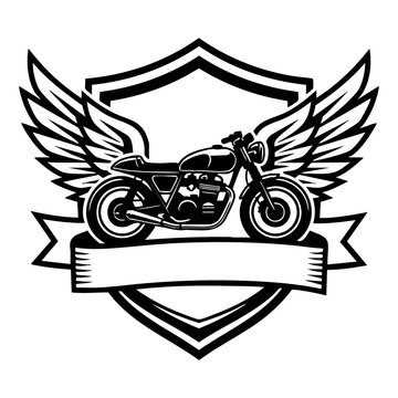 Motorcycle emblem design with wings and shield for biker club or garage branding motorcycle transport motorcyclist motorbiking adventure illustration heritage motorised lifestyle clubhouse