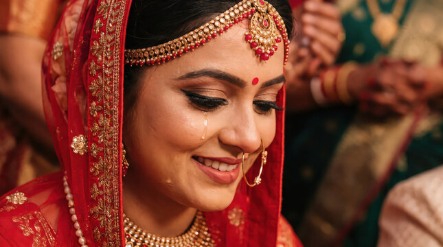 Emotional Indian bride crying tear of joy at wedding.