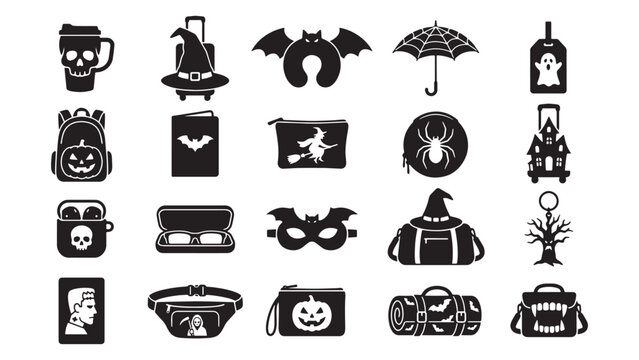 Textless Witchy Travel Gear Silhouette Pack, Heavy Black Halloween Luggage Solid Vector Clipart