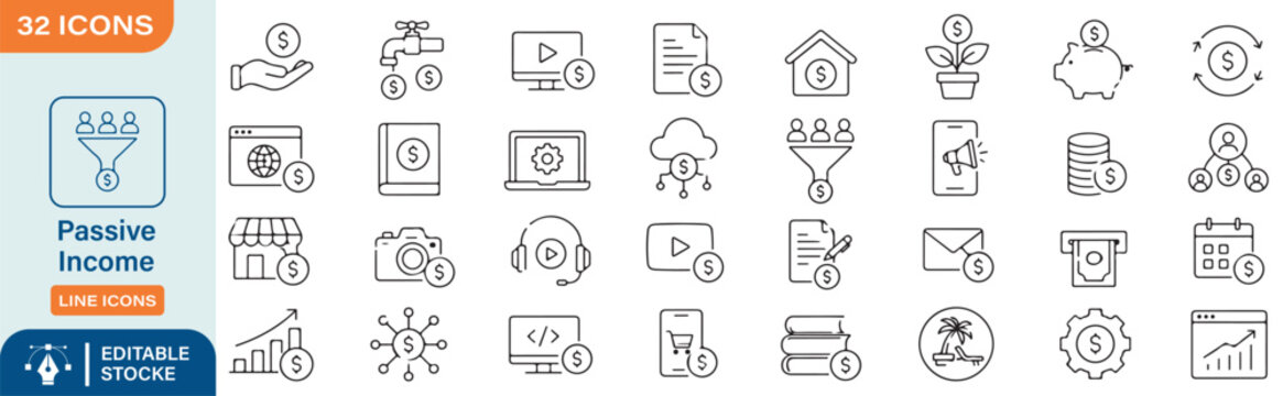32 Passive Income Vector Outline Icons Set &ndash; Online Earnings, Financial Freedom, Investment and Revenue Stream Line Symbols Collection