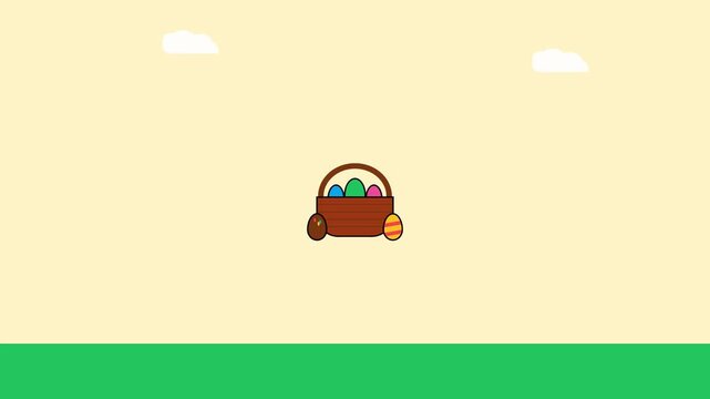 Woven easter basket filled with colorful painted eggs sits centered in this charming digital animation video clip for holiday celebration