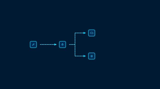 Digital architecture diagram showing AI workflow integration with cloud storage and database systems in a sleek blue motion video animation