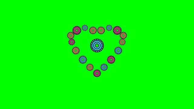 Colorful mechanical gears arranged into a rotating heart shape forming a dynamic digital motion animation on a vibrant green background