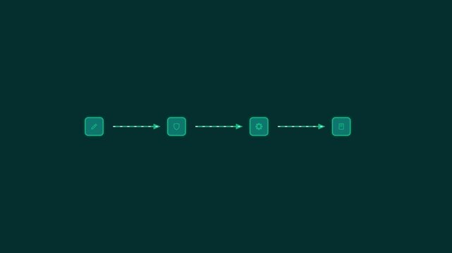 Digital workflow process diagram displaying glowing neon icons with connecting arrows in a sleek minimalist motion video animation design