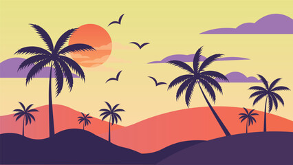 Fototapeta premium Tropical Sunset Landscape with Palm Trees Mountains Birds and Scenic Island Nature Background