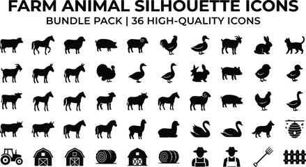 Fototapeta premium Farm animal silhouette icons bundle pack featuring cow, horse, pig, sheep, goat, rooster, duck, tractor, barn, and agriculture elements for digital graphic design.