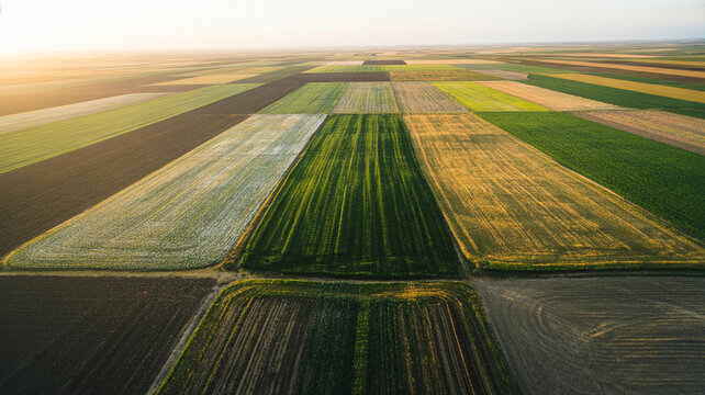 Aerial drone shot of patchwork farmland at golden hour, cinematic color grading