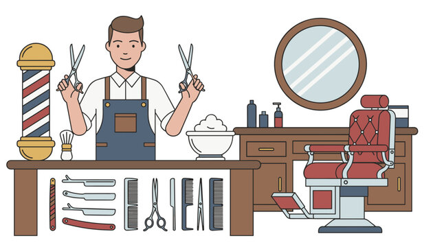 Friendly male barber holding professional scissors in a vintage barbershop with a classic chair and styling tools.