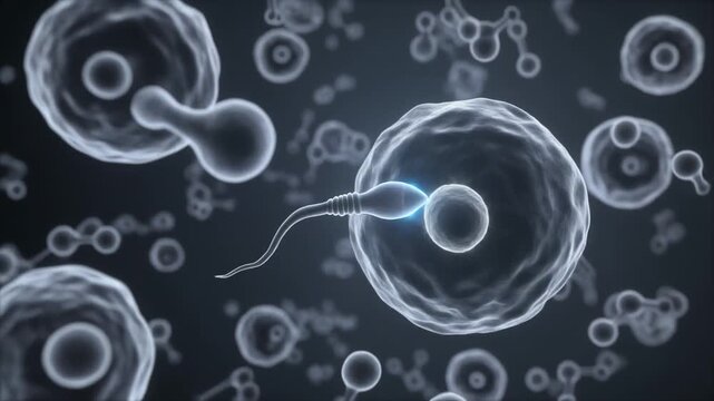 Sperm fertilizing an egg in a microscopic view