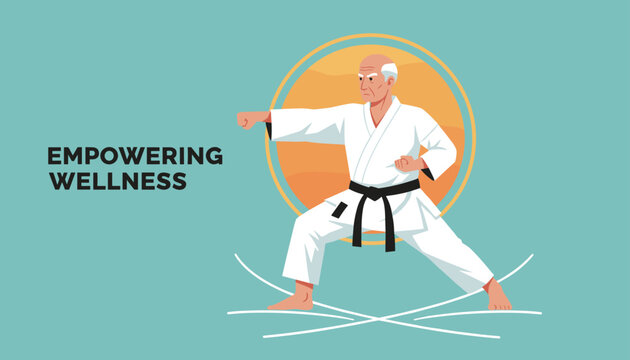 Senior male athlete practicing karate martial arts dynamically to demonstrate active aging and empowering wellness.