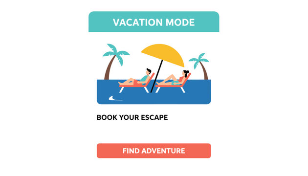 Vacation mode travel banner advertising island getaways with a couple relaxing on beach loungers under a parasol.
