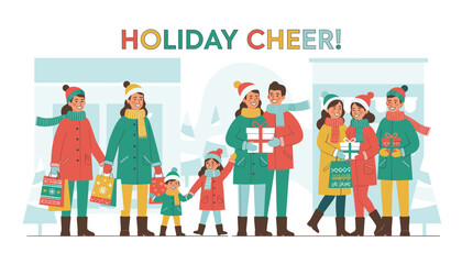 Fototapeta premium Group of happy friends and families carrying shopping bags and gifts while celebrating winter holidays together.