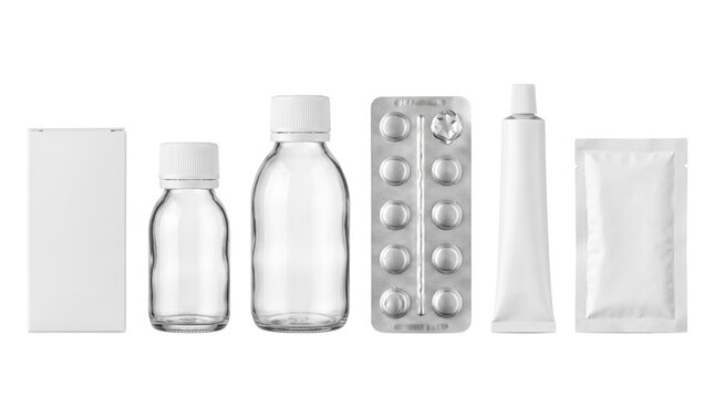 Set of blank white pharmaceutical packaging containers