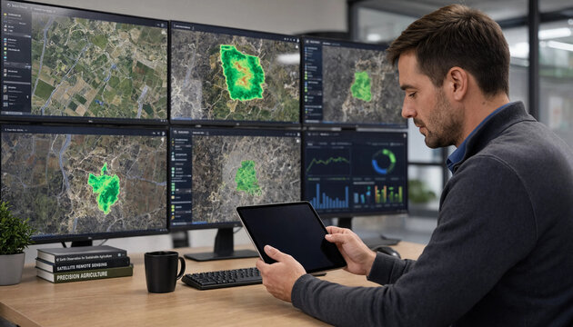 Agronomist analyzing land usage and soil heat map data on multiple monitors in agricultural tech office with agriculture agronomy satellite monitoring technology analysis research