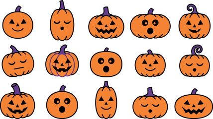 Fototapeta premium Cute Halloween pumpkin faces vector element set