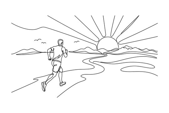 A continuous line drawing of a man jogging outdoors during sunrise.